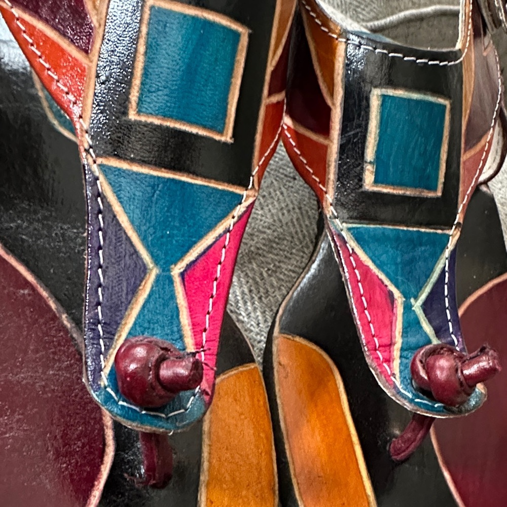 Genuine Tooled Leather Multicolor Geometric Women's Sandals - Picture 7 of 9